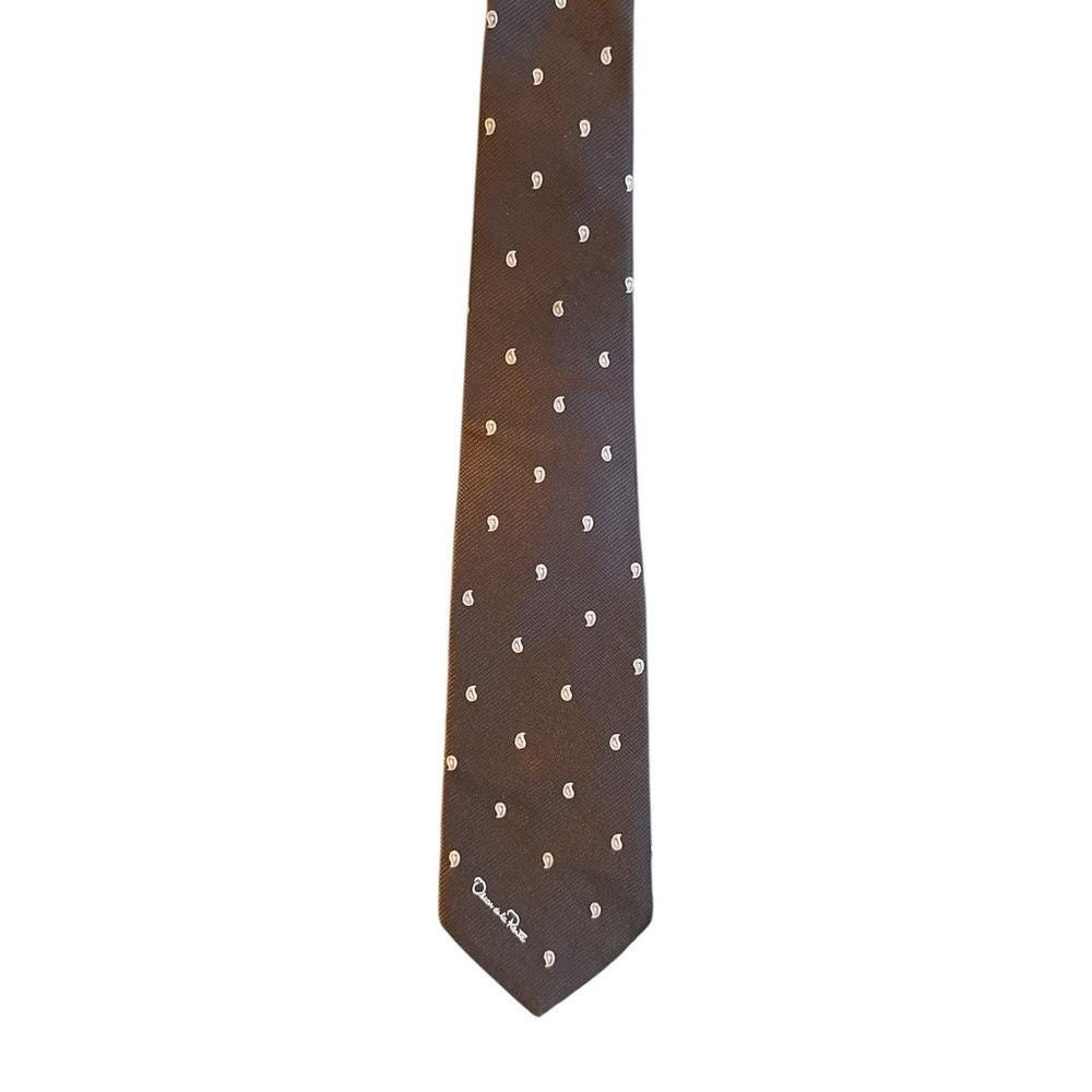 Oscar‎ de la Renta Necktie Men OS Brown Excellent Vintage Paisley 70s 80s Silk